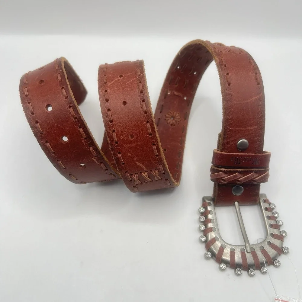Miss Me Leather Floral Decor Stitching Belt Small Brown Rhinestones Bling Boho‎
